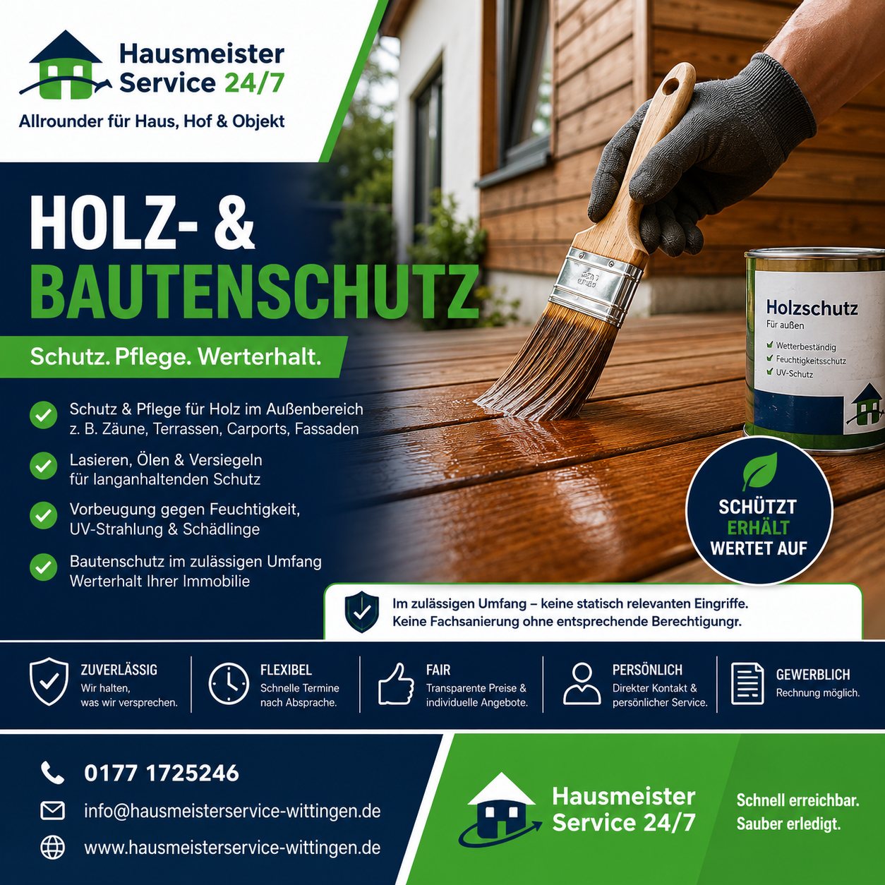 Holzschutz mit Pinsel und Holzfläche